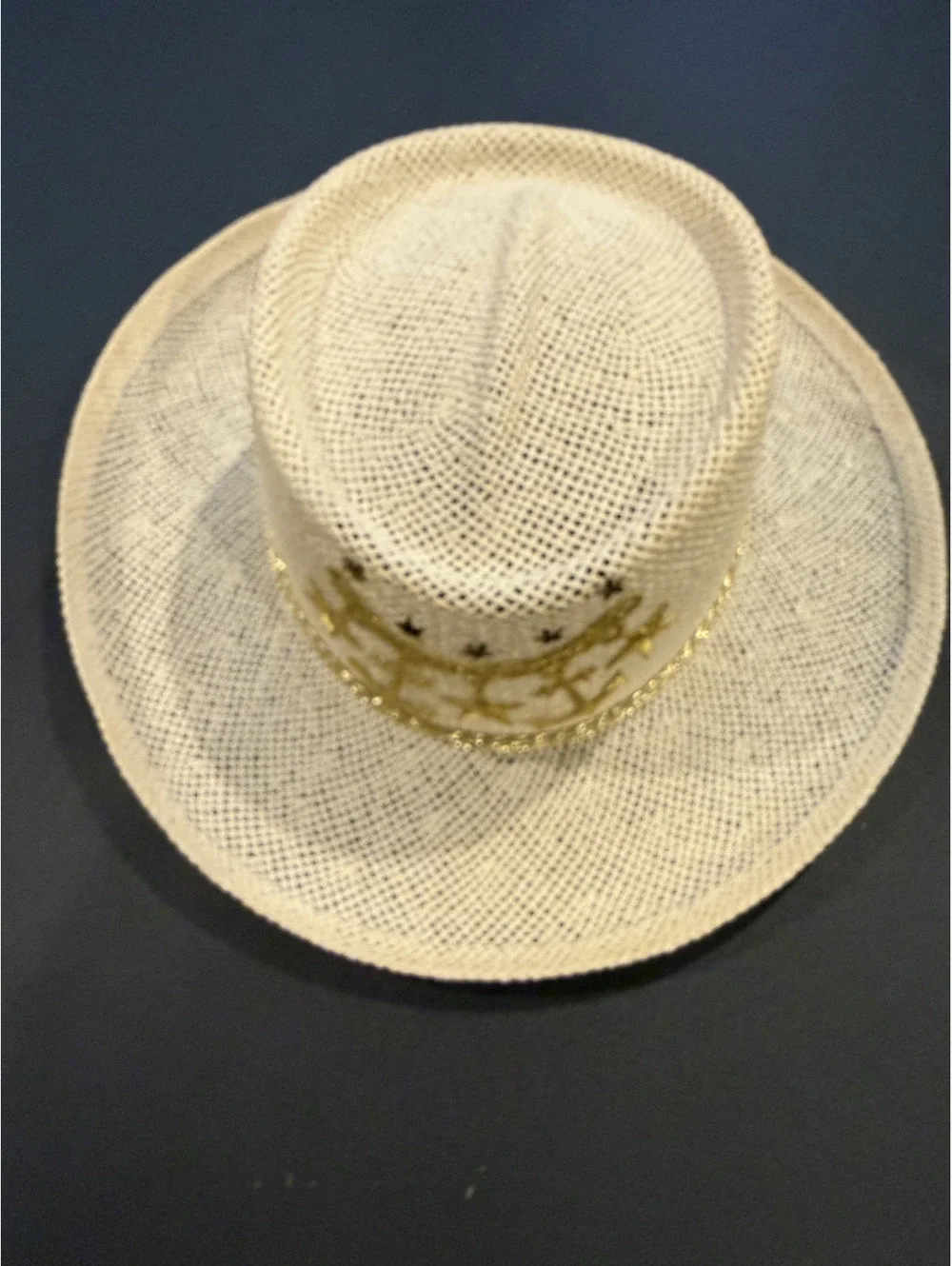 Beige Straw Panama Hat with Gold Anchor and Star Embroidery